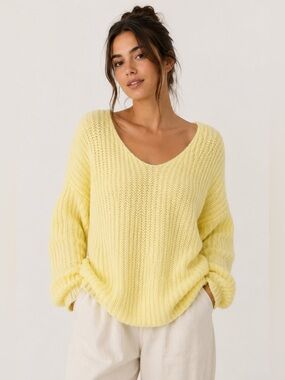 Oversized Butter Yellow Ribbed Knit Sweater Cozy Minimalist Slouchy Preppy Boho